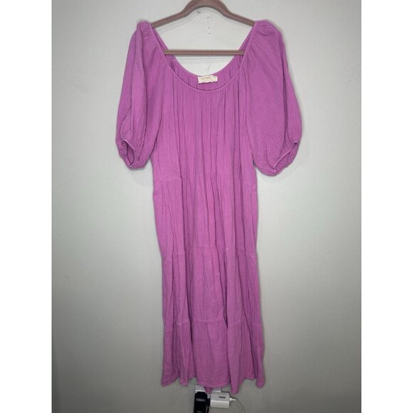 Nation LTD Mindy Peasant Tiered Midi Dress Size Large Gauze Crinkle Pink - Picture 2 of 9
